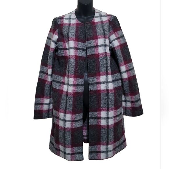 Max Studio Gray Red White Open Front Plaid Coat Woolblend Sz Large - Picture 1 of 7